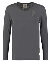 Long-sleeve gray T-shirt with a V-neck, made of soft fabric, featuring a logo on the left chest and a clean, smooth texture.