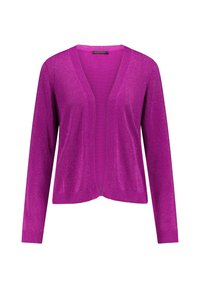 Helderpaarse cardigan van een zachte, glanzende stof. Heeft een V-hals, een open voorkant en lange mouwen met ribgebreide cuffs.