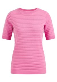 Kortärmad rosa ribbstickad topp med rund halsringning, med horisontella ränder för textur och en figurnära silhuett.