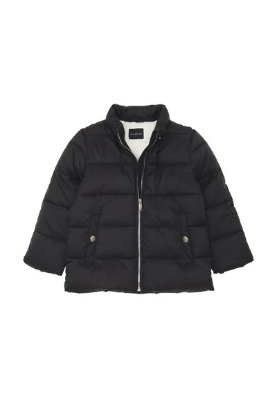 Giacca a vento nera con maniche lunghe, chiusura con zip, due tasche laterali, ferramenta argentata e texture trapuntata. Foderata con tessuto a contrasto.