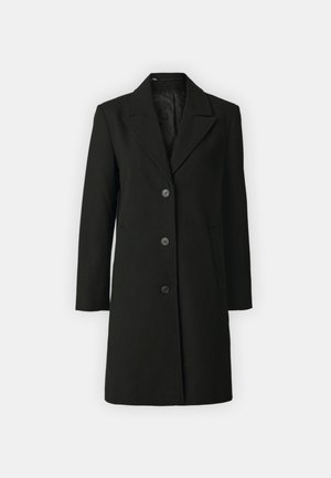 Manteau noir en tissu texturé avec un col cranté, design à simple boutonnage, trois boutons et poches latérales.