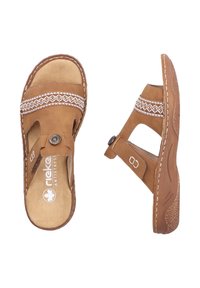 Brown leather sandals with woven accents, adjustable strap, and cushioned insole. Features a textured sole for grip and comfort.