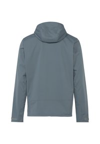 Veste softshell grise, dotée d'une capuche, de manches longues et d'une texture lisse avec un design minimaliste. Aucun logo ni motif visible.