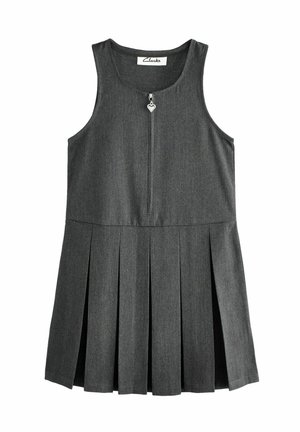 Abito grigio plissettato con design senza maniche, dotato di una chiusura frontale con zip e di un cursore a forma di cuore. Il materiale ha una texture liscia.
