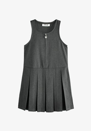 Harmaa laskostettu mekko, jossa on hihaton muotoilu, etuosan vetoketjukiinnitys ja sydämenmuotoinen vetoketjun vetäjä. Materiaalilla on sileä rakenne.