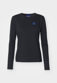 Black long-sleeve t-shirt made of cotton, featuring a blue smiling face logo on the left chest and a crew neck design.