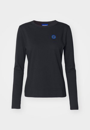 T-shirt de manga longa preta, feita de algodão, com um logotipo de rosto sorridente azul no lado esquerdo do peito e design de gola redonda.