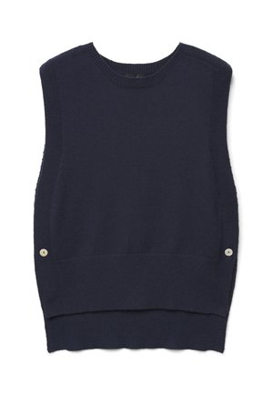 Veste en maille sans manches bleu marine avec boutons sur le côté et bord-côtes à l'ourlet et à l'encolure, étalée à plat sur fond blanc.