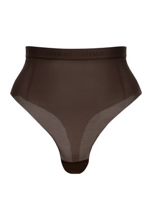 Mutande a vita alta di colore marrone realizzate in materiale trasparente, con un morbido elastico in vita caratterizzato da un marchio impresso, texture liscia e linee pulite.