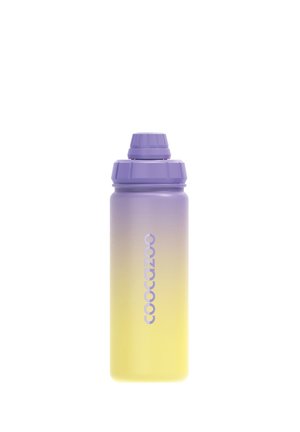 Purple and yellow gradient water bottle with a screw-on lid and "coocazoo" branding in vertical text on the front.