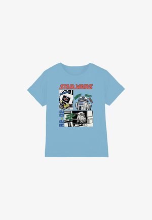 Light blue cotton t-shirt featuring bold "Star Wars" text and R2-D2 graphic in black and white with colored accents and comic-style speech bubbles.