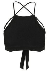 Top corto nero con colletto alto, spalline incrociate sul retro e chiusura con lacci. Realizzato in tessuto morbido e elasticizzato.