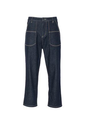 Pantaloni in denim blu scuro con vestibilità comoda, dotati di due tasche anteriori e due tasche posteriori, rifiniti con cuciture gialle a contrasto.