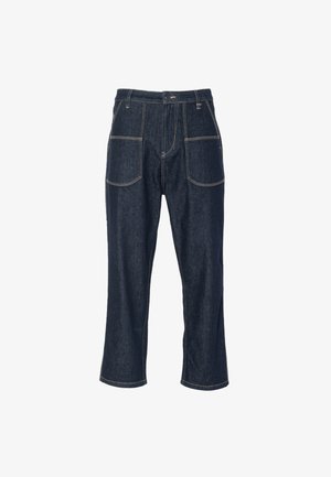 Tumedast sinisest denimist püksid, millel on mugav lõige, kahe esipocketi ja kahe tagapocketiga, lõpetatud kontrastsete kollaste õmblustega.