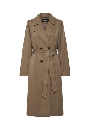 Brown trench coat made of smooth fabric, featuring a double-breasted front with black buttons, a belted waist, and long sleeves.