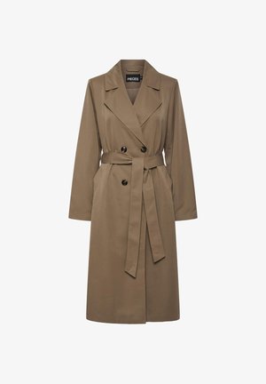 Brown trench coat made of smooth fabric, featuring a double-breasted front with black buttons, a belted waist, and long sleeves.
