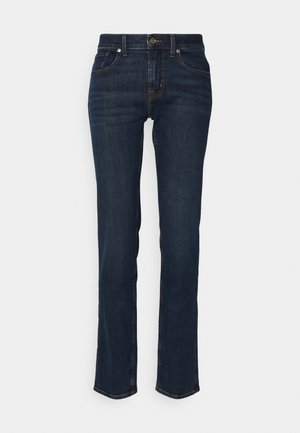 Dunkelblaue Jeans aus Denim mit geradem Bein, fünf Taschen, goldener Naht und Knopfverschluss.