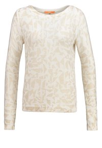Pull en maille à manches longues avec motif abstrait beige et encolure ronde, poignets et ourlet côtelés.