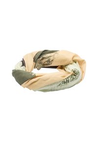 Wydrukowany szalik z miękkiego materiału, w kolorach beżowym, zielonym i jasnym miętowym, z abstrakcyjnymi wzorami oraz lekką, zwiewną teksturą.