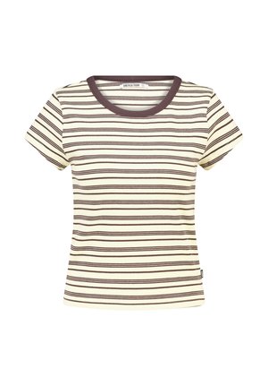 Chemise à manches courtes de couleur crème avec des fines rayures horizontales marron et un col rond marron uni.