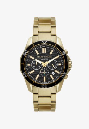 Armbanduhr aus goldfarbenem Metall mit schwarzem Zifferblatt, drei Hilfszifferblättern, Datumsfenster, goldfarbenen Markierungen und der Aufschrift „Armani Exchange 100 Meter“.