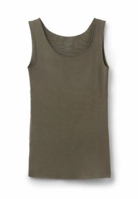 Camiseta sin mangas color verde oliva con escote redondo, mostrada extendida sobre fondo blanco.