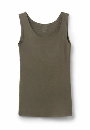 Ärmlös olivgrön linne med rund halsringning, visad platt på vit bakgrund.