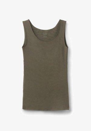 Bezrekawnik w kolorze oliwkowej zieleni z dekoltem w serek, ułożony płasko na białym tle.