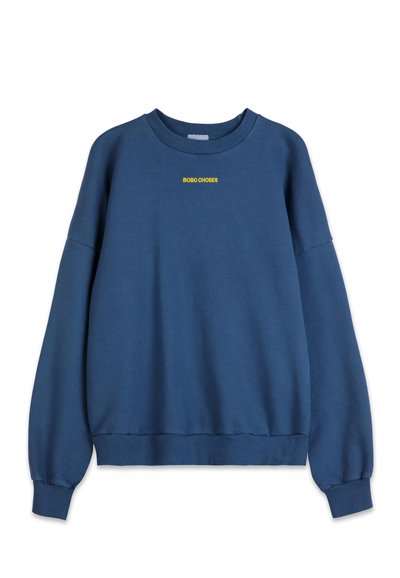 Blå sweatshirt med rund halsringning, långa ärmar och ribbade muddars. Har gul broderad text "BOBO CHOSES" på bröstet.