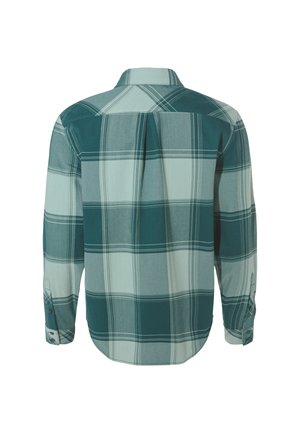 Grünes und türkisfarbenes Karomuster Langarmhemd mit Button-down-Kragen, verstellbaren Manschetten und abgerundetem Saum. Weicher Stoff mit strukturiertem Finish.