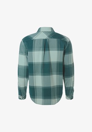 Langärmliges kariertes Hemd in Türkis und Hellblau. Verfügt über einen Button-Down-Kragen, eine Rückenfalte und Knopfmanschetten. Glatte Stoffstruktur.