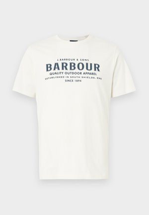 Cream cotton T-shirt featuring a bold navy logo with text: "BARBOUR QUALITY OUTDOOR APPAREL ESTABLISHED IN SOUTH SHIELDS, ENG SINCE 1894."
