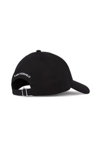 Black cotton baseball cap with a curved brim, adjustable strap, and embroidered "KARL LAGERFELD" logo on the back.