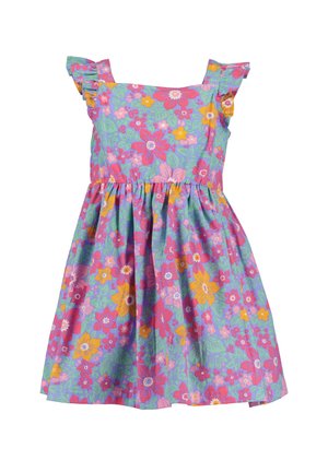 Abito senza maniche per ragazze con spalline volantee e un motivo floreale colorato in rosa, giallo, rosso e verde su uno sfondo viola.