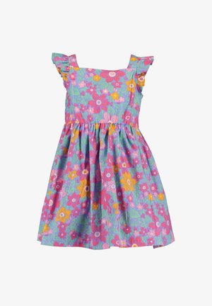 Abito senza maniche per ragazze con spalline volantee e un motivo floreale colorato in rosa, giallo, rosso e verde su uno sfondo viola.