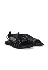 Sorte mesh-sandaler har et slankt design med dekorative sølvremme og en flad sål. Ideelle til afslappet eller sommerbrug.