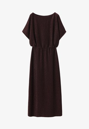 Tmavě hnědé třpytivé midi šaty se širokými krátkými rukávy a staženým pasem na bílém pozadí.