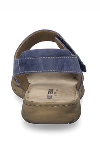 Blaue Ledersandale mit zwei verstellbaren Riemen, einem gepolsterten Fußbett und einer strapazierfähigen Gummisohle. Die Rückansicht zeigt Nähte und Strukturdetails.