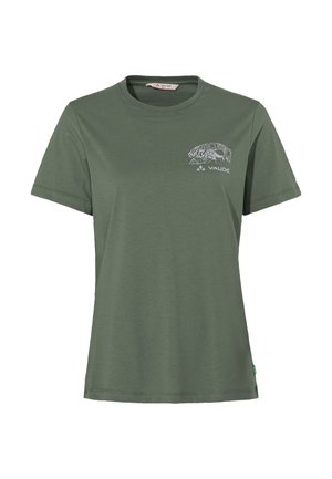 Green cotton t-shirt with short sleeves, round neckline, and a printed design on the upper left side. Plain texture, relaxed fit.