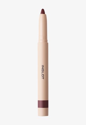 Udtrækkelig beige makeupblyant med mørk mauve spids og bånd, sort "INGLOT" tekst på siden.