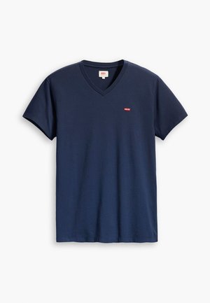 Navy blue cotton V-neck t-shirt featuring a small red Levi's logo on the left chest, short sleeves, and a relaxed fit.