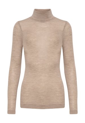Maglione beige a collo alto realizzato in tessuto leggero e morbido, con maniche lunghe e un design aderente. Presenta un collo a coste e una superficie liscia.