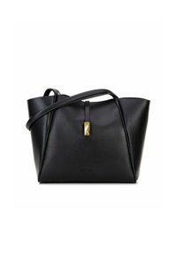 Borsa a tracolla in pelle nera con un design strutturato, caratterizzata da dettagli in oro, maniglie doppie e un interno spazioso.