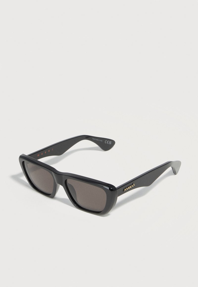 Black rectangular sunglasses with dark lenses and gold "Marni" logo on the temples, displayed on a white surface.