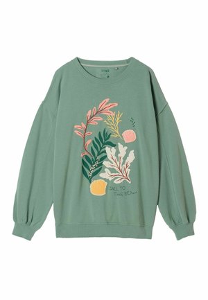 Green sweatshirt with embroidered seaweed, shells, and text "CALL TO THE SEA" on the front, featuring long sleeves and ribbed cuffs.