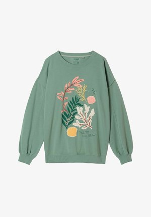 Green sweatshirt with embroidered seaweed, shells, and text "CALL TO THE SEA" on the front, featuring long sleeves and ribbed cuffs.