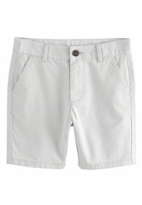 Lichtgrijze shorts van een gladde stof, met twee voorzakken, een enkele knoopsluiting en nette stiksels overal.