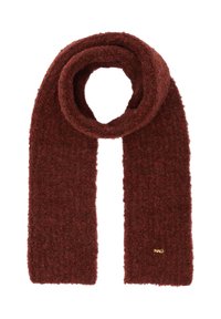Sciarpa bordeaux in morbido materiale testurizzato. Caratterizzata da un design ad anello e un piccolo logo dorato in accent. Forma rettangolare, adatta per essere indossata a strati.