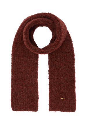 Sciarpa bordeaux in morbido materiale testurizzato. Caratterizzata da un design ad anello e un piccolo logo dorato in accent. Forma rettangolare, adatta per essere indossata a strati.