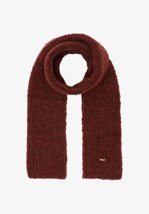 Burgundská šála vyrobená z měkkého, texturovaného materiálu. Má smyčkový design a malý zlatý logový akcent. Obdélníkový tvar, vhodná pro vrstvení.